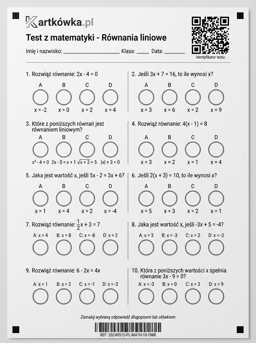 Przykład wydrukowanego testu